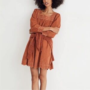 NWOT MADEWELL Embroidered Corduroy Square Neck Mini Dress in Warm Umber color